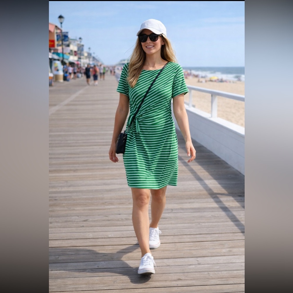 XL Green Striped Midi Dress with Tie Waist Cotton Mix